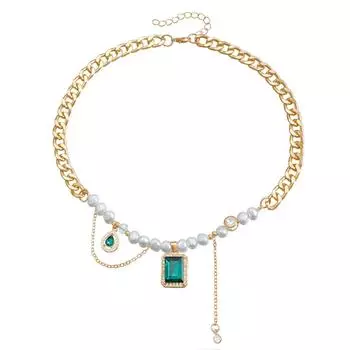 Современное модное колье-чокер с подвеской из зеленого циркона и золотыми цепочками, аксессуар для стильных женщин, для повседневной носки