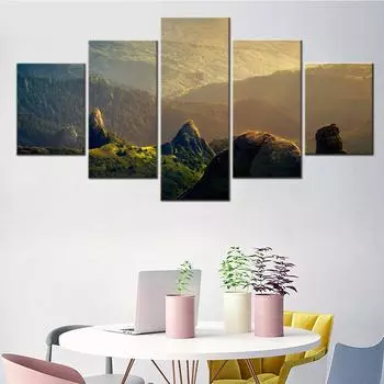 Современное настенное искусство на холсте для гостиной, постер, картина, природа, горы, зеленый пейзаж, модульная картина, печать, 5 шт., внутреннее искусство, без рамки 20x35cm*2 20x45cm*2 20x55cm*1 No Frame
