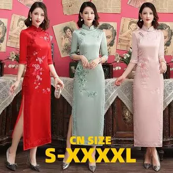 Современное платье-чеонгсам большого размера с вышивкой из шелка и винтажным шанхайским воротником, облегающее 4XL красный