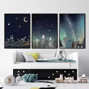 Современное произведение искусства, настенная живопись, звезды и луна, ночное небо, холст, художественные принты для детской комнаты, детская картина, постер, домашний декор 21cm30cm NoFrame