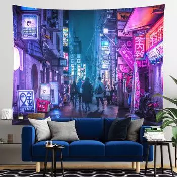 Современное украшение для дома, настенное украшение для комнаты, ткань, город, неоновый гобелен, ночной вид, аллея, настенный гобелен, УФ-гобелен 100X75CM