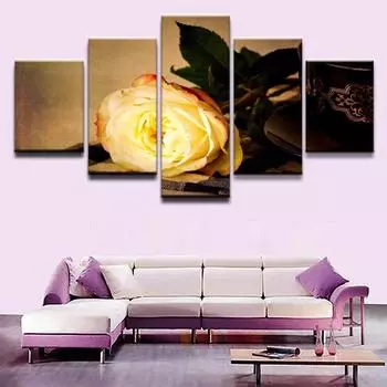Современное украшение стены дома, модульная картина на холсте, HD печатная картина на холсте, 5 шт., желтый цветок розы для гостиной, без рамки 20x35cm*2 20x45cm*2 20x55cm*1