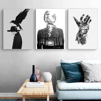 Современные абстрактные картины на холсте, черно-белые картины с человеческим орлом и лесом, настенные художественные фотографии, декор, скандинавские постеры с принтом для гостиной 21cm30cm NoFrame