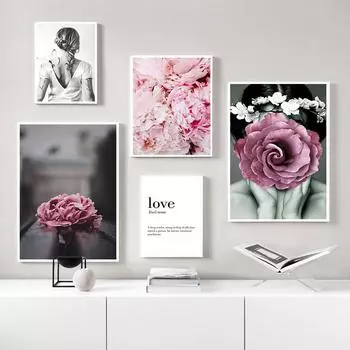 Современные абстрактные настенные картины для девочек для гостиной, розовый пион, цветок любви, печать на холсте, украшение для плаката, настенная художественная живопись 21x30cm No Frame