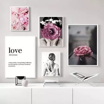 Современные абстрактные настенные картины для девочек для гостиной, розовый пион, цветок любви, печать на холсте, украшение для плаката, настенная художественная живопись 21cm30cm NoFrame