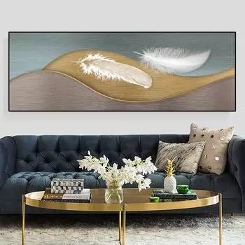 Современные абстрактные перья, золотой холст, картины, постеры и принты, настенные панно, Cuadros, домашний декор для гостиной, без рамки 20*40cm