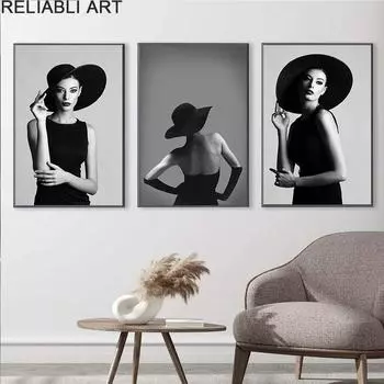 Современные абстрактные постеры и принты с портретами, сексуальные женщины в шляпе, холст, картина, настенное искусство для декора гостиной, без рамки 21*30cm