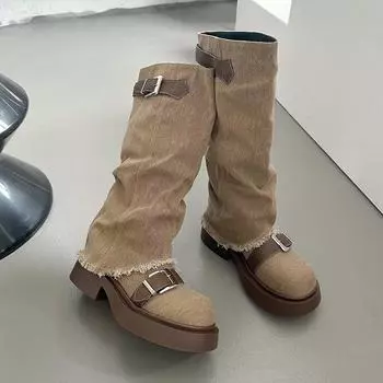 Современные ботинки до середины голени на квадратном каблуке, зимняя джинсовая женская обувь, высококачественные ботинки без застежек на среднем каблуке с круглым носком и пряжкой на ремне 35