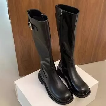 Современные ботинки до середины голени на квадратном каблуке, зимняя женская обувь с круглым носком, распродажа 2024 года, лаконичные женские ботинки на низком каблуке с пряжкой на ремне 35 коричневый