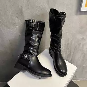 Современные ботинки на квадратном каблуке до середины икры, женские туфли без застежек и с круглым носком, распродажа, женские ботинки на среднем каблуке разных цветов с пряжкой на ремне 35