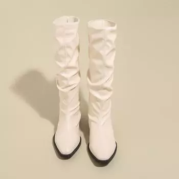 Современные ботинки на квадратном каблуке до середины икры, зимняя женская обувь без застежек, распродажа 2024 года, модные ботинки с острым носком и средним каблуком, однотонные, с шитьем 35 бежевый