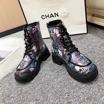 Современные ботинки на квадратном каблуке, разноцветные, весна/осень 2024, горячая распродажа, женская обувь, шнуровка, круглый носок, новинка, женские ботинки 35 чёрный