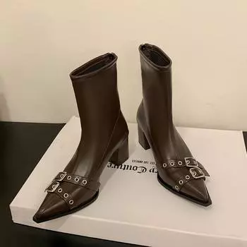 Современные ботинки на квадратном каблуке с щиколоткой, зимние туфли с острым носком для женщин 2024 года, высококачественные женские ботинки на высоком каблуке с пряжкой на ремне 35 коричневый