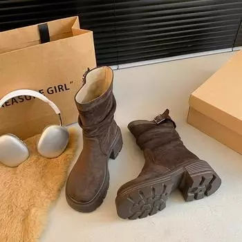 Современные ботинки на квадратном каблуке с щиколоткой, весна/осень, женская обувь без застежек, распродажа 2024 года, модные женские ботинки на среднем каблуке с круглым носком и пряжкой 35 хаки
