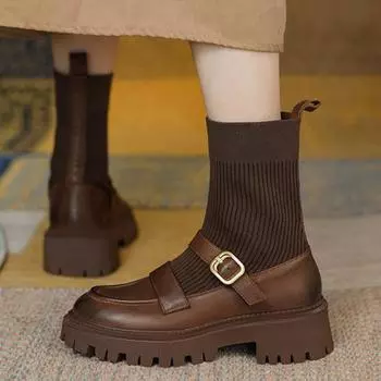 Современные ботинки женские модные дизайнерские трикотажные ботильоны на толстой платформе женские удобные офисные туфли обувь 35 чёрный