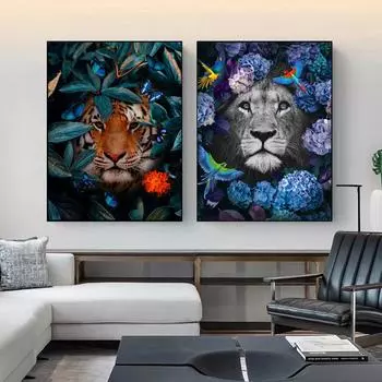 Современные цветы, животные, холст, живопись, лев, тигр, олень, зебра, постеры и принты, настенная картина для гостиной, скандинавский домашний декор 21*30cm