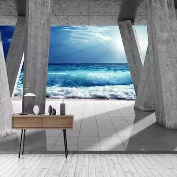 Современные фотообои Каменная колонна Морская волна Пейзаж Настенные фрески Гостиная Столовая Фреска 200 cm(W) x 140 cm(H)