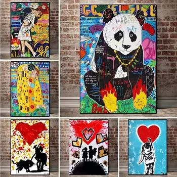 Современные граффити Уличное панда Искусство Поцелуй Победы Картина на холсте Настенные картины Постеры и принты для гостиной Домашний декор Без рамки 21*30cm No Frame