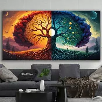 Современные красочные пейзажные постеры и принты с изображением дерева, абстрактное фантастическое дерево жизни, холст, картина для гостиной, домашний декор 20x40cm No Framed