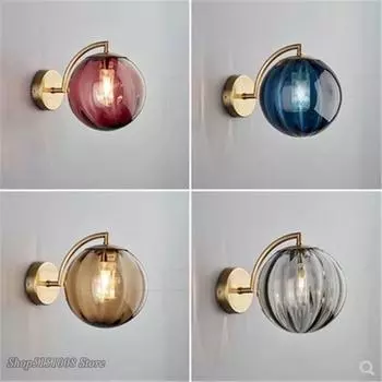Современные круглые стеклянные настенные светильники Led G9 настенный светильник Iron Art Nordic Гостиная Спальня Коридор Лофт Домашний декор Светильники янтарь