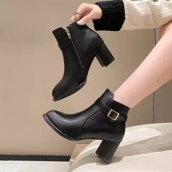 Современные модные женские сапоги, новые, из тонкого бархата, короткие сапоги с пряжкой на ремне, на высоком каблуке, женские туфли из кожи Botas Mujer 35