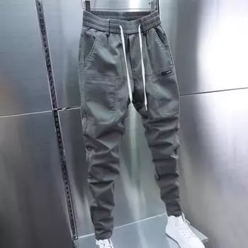 Современные мужские брюки-карго с карманами, свободный крой, с резинкой на щиколотке, талией, однотонные, с несколькими карманами для фитнеса M чёрный