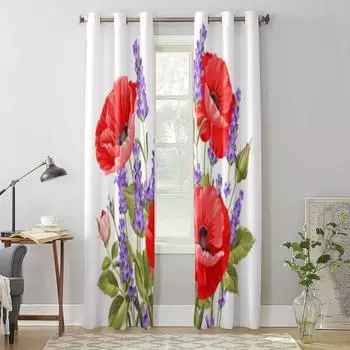 Современные оконные шторы с букетом цветов лаванды и мака, роскошные модные шторы для гостиной, спальни, кухни, шторы 135W x 60H(cm) x1