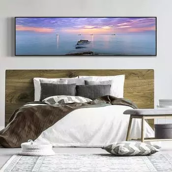 Современные пейзажные постеры и принты, настенная живопись на холсте, фиолетовые облака, восход солнца, море с изображением рыбака для гостиной 20cm40cm NoFrame