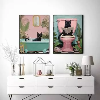 Современные плакаты с животными и кошками, украшение для дома, забавные принты на холсте для ванной комнаты, милые черные кошки, художественная роспись, настенные панно, декор для туалета 21x30cm No Framed