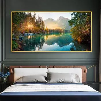 Современные постеры и принты, природный пейзаж, холст, картина, солнечный лес, озеро, картины для гостиной, спальни, настенное искусство, домашний декор, без рамки 20*40cm