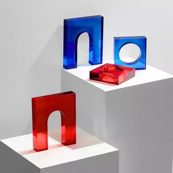 Современные простые синие прозрачные стеклянные геометрические орнаменты подставки для книг и подставки для книг Модель комнаты Офисный стол Мягкие украшения Blue - Round Hole