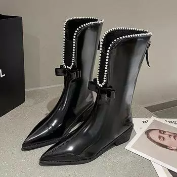 Современные сапоги до середины голени с бабочкой и острым носком, квадратный каблук, женская обувь на распродаже 2024 года, фирменные однотонные сапоги на среднем каблуке 35 бежевый