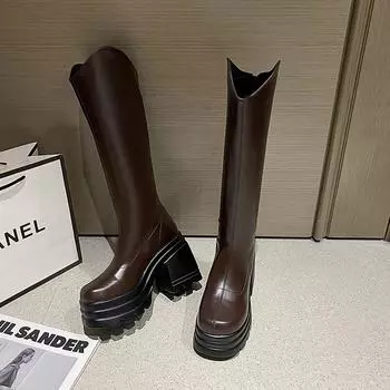 Современные сапоги на квадратном каблуке до колена для женщин, модные зимние туфли без застежек из резины и искусственной кожи, однотонные сапоги с круглым носком на молнии 42 коричневый