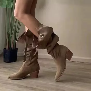 Современные сапоги на квадратном каблуке до колена, весна/осень, женская обувь без застежек, распродажа 2024 года, фирменные однотонные плиссированные женские сапоги на среднем каблуке 35 чёрный