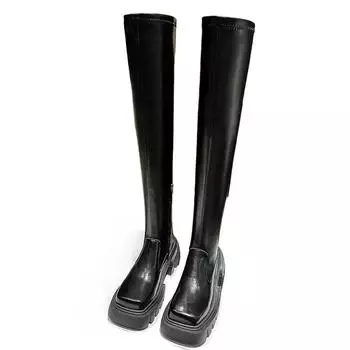 Современные сапоги выше колена на квадратном каблуке с застежкой-молнией и квадратным носком, женская обувь на распродаже 2024 года, фирменные лаконичные женские сапоги на среднем каблуке 35 чёрный