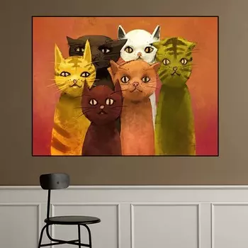 Современные шесть милых красочных кошек, холст, картина, постеры с животными и принты, настенная картина для гостиной, домашний декор, без рамки 21cm30cm NoFrame