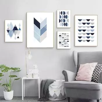 Современные синие настенные постеры, абстрактное искусство, геометрическая геометрическая картина на холсте с цветными блоками для украшения гостиной, скандинавский простой домашний декор 21x30cm No Framed
