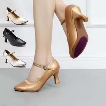 Кожаные туфли для современных танцев с закрытым носком для женщин, мягкая резиновая подошва, стандартные туфли для бальных танцев, каблук 7 см 34 чёрный