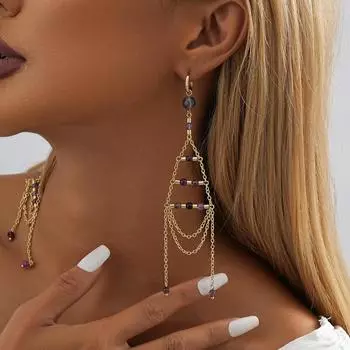 Современные Стильные Золотые Серьги-Цепочки с Геометрическим Дизайном из Фиолетового Кристалла