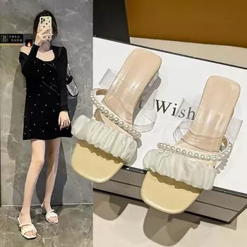 Современные тапочки на квадратном каблуке среднего размера, однотонные женские туфли для взрослых, 2024 г., высококачественные сексуальные женские тапочки с бисером и цепочкой, Chinelos 34 бежевый