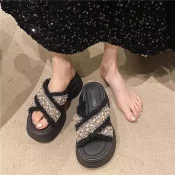 Современные тапочки на высоком каблуке с застежкой-молнией 2024 года, высококачественная женская обувь, новинка, женские тапочки с тонким носком 35 чёрный