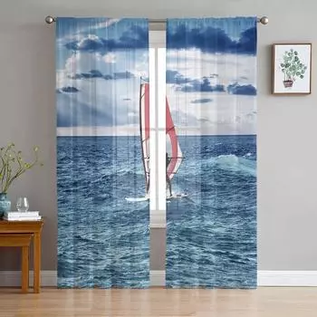 Современные тюлевые шторы с синими морскими волнами и парусником для гостиной, спальни, дома, кухни, прозрачные шторы 135W x 114H(cm)