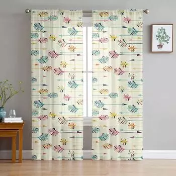 Современные тюлевые шторы со стрелками и перьями для гостиной, спальни, дома, кухни, окна, прозрачные шторы 135W x 114H(cm)