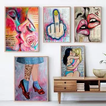 Современные уличные граффити, настенные художественные фотографии, сексуальные девушки, поцелуй, объятия, принт, холст, картина, Пирс, жест, плакат, декор для бара и клуба 21x30cm No Framed