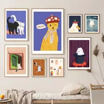Современные забавные милые животные утка кошки кролик настенная живопись на холсте плакаты на скандинавскую тему и принты детские фотографии Декор в гостиную 21x30cm No Framed белый