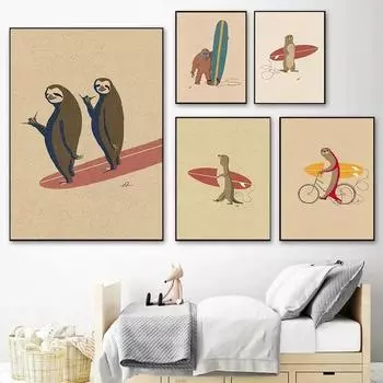 Современные забавные серфингисты животные ретро постеры холст картина ленивец медведь панда настенная живопись картина для детской комнаты спальня домашний декор 21cm30cm NoFrame