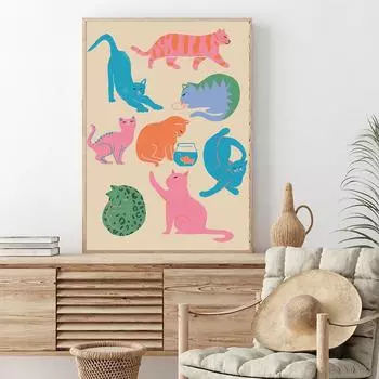 Современные животные, красочные принты для любителей кошек и постеры, картина на холсте, милые кошки, настроение, настенные художественные картинки для гостиной, домашний декор 21x30cm No Framed