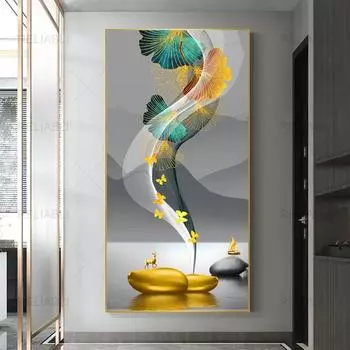 Современные золотые плакаты с гинкго, абстрактная входная картина, лист, олень, печать на холсте, настенные художественные картины для гостиной, домашний декор 20cm40cm NoFrame