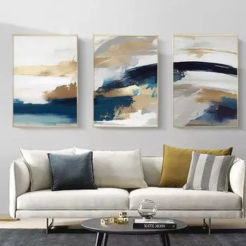 Современные золотые синие абстрактные настенные художественные постеры, абстрактная живопись на холсте, печатные изображения, минималистичный интерьер гостиной, домашний декор 21x30cm No Framed