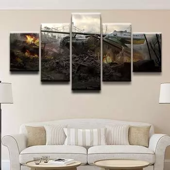 Современный абстрактный домашний декор, холст, печатная картина, рамка, 5 панелей, война, мир танков, настенные картины, печать на холсте, без рамки 20x35cm*2 20x45cm*2 20x55cm*1